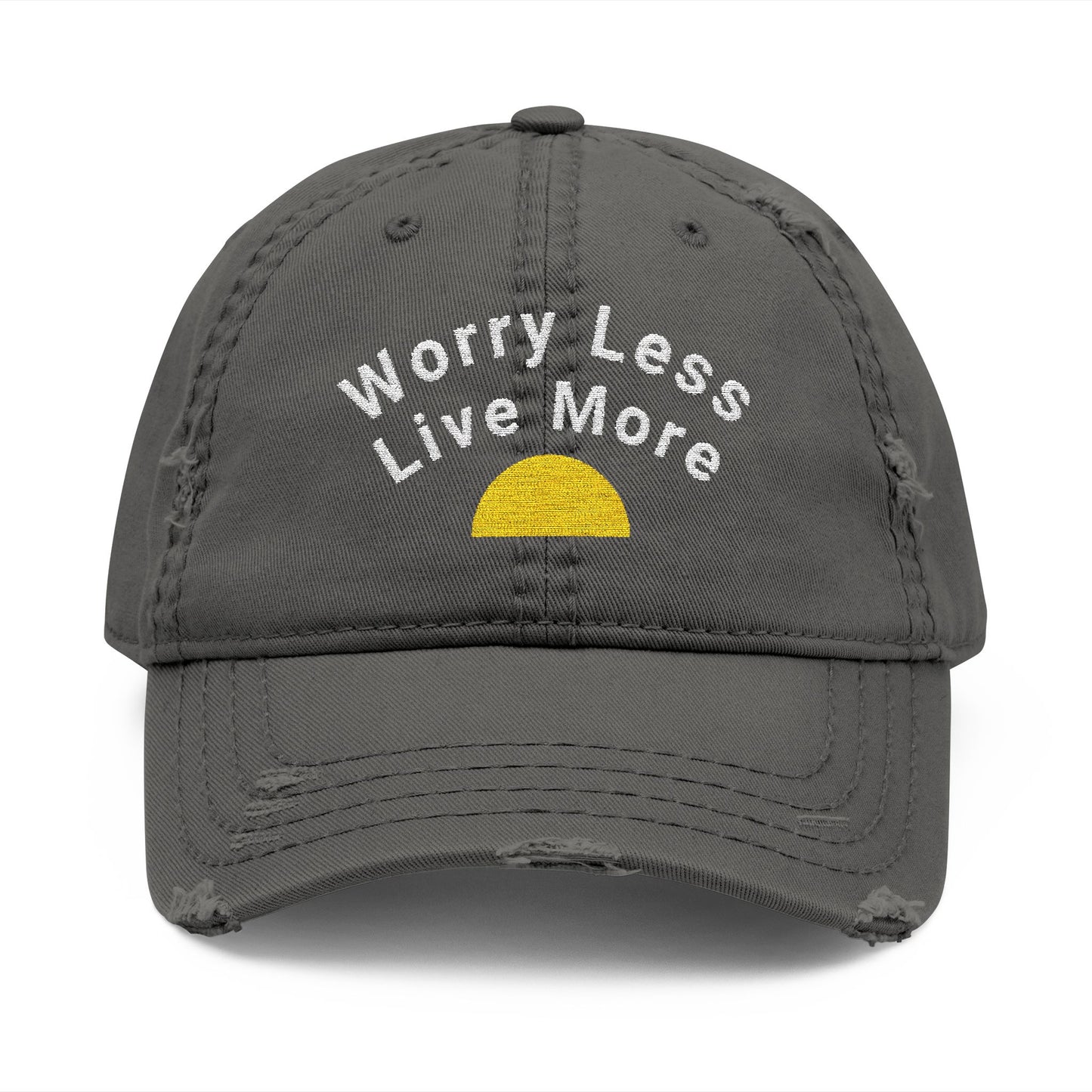 Distressed Dad Hat with Worry Less Live More Embroidery, Casual Sun Hat, Gift for Dads, Relaxed Fit Cap, Everyday Accessory