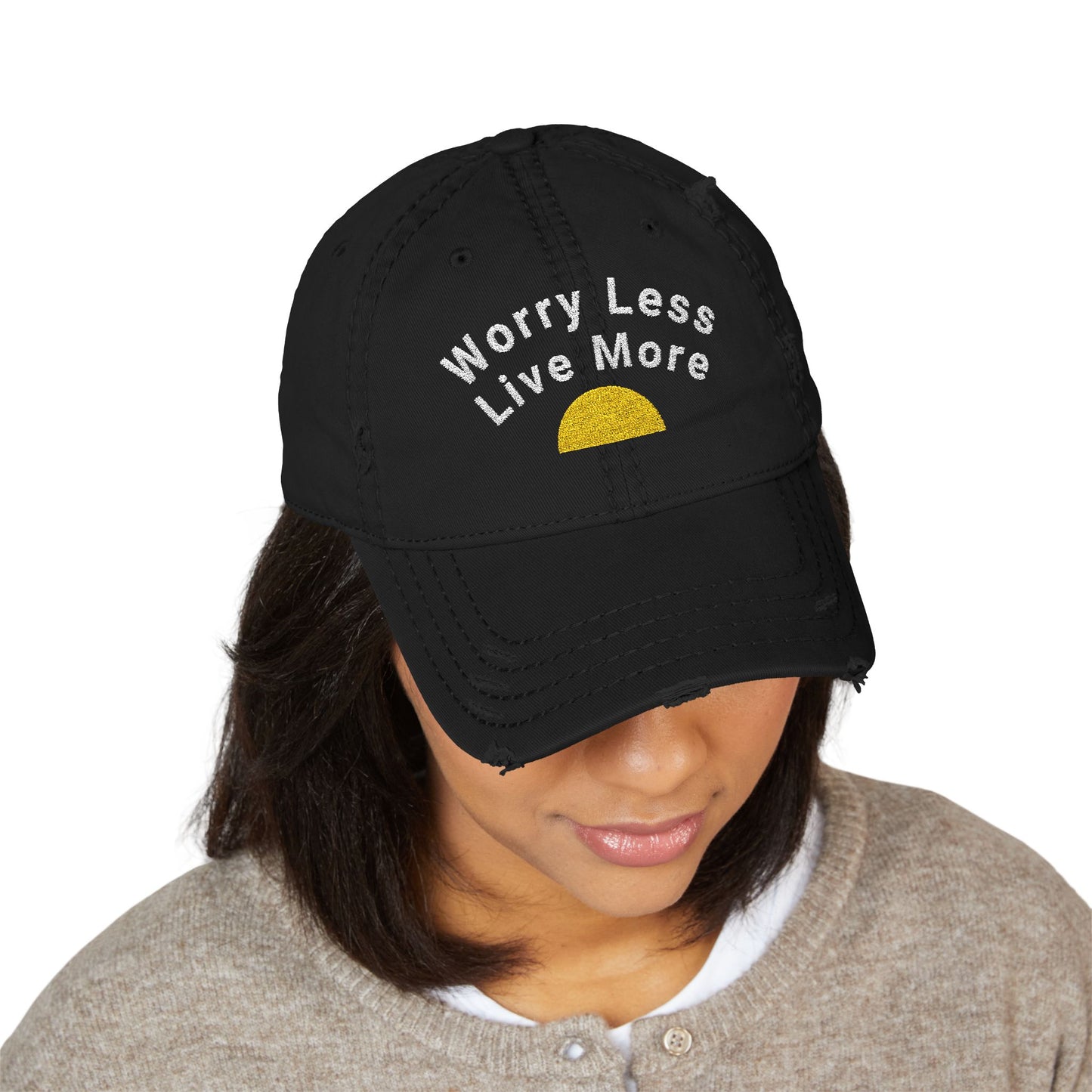 Distressed Dad Hat with Worry Less Live More Embroidery, Casual Sun Hat, Gift for Dads, Relaxed Fit Cap, Everyday Accessory