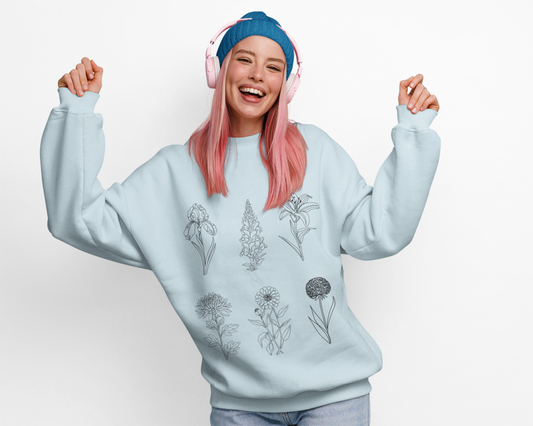 Botanical Sketch Sweatshirt — Minimal Floral Line Art Crewneck
