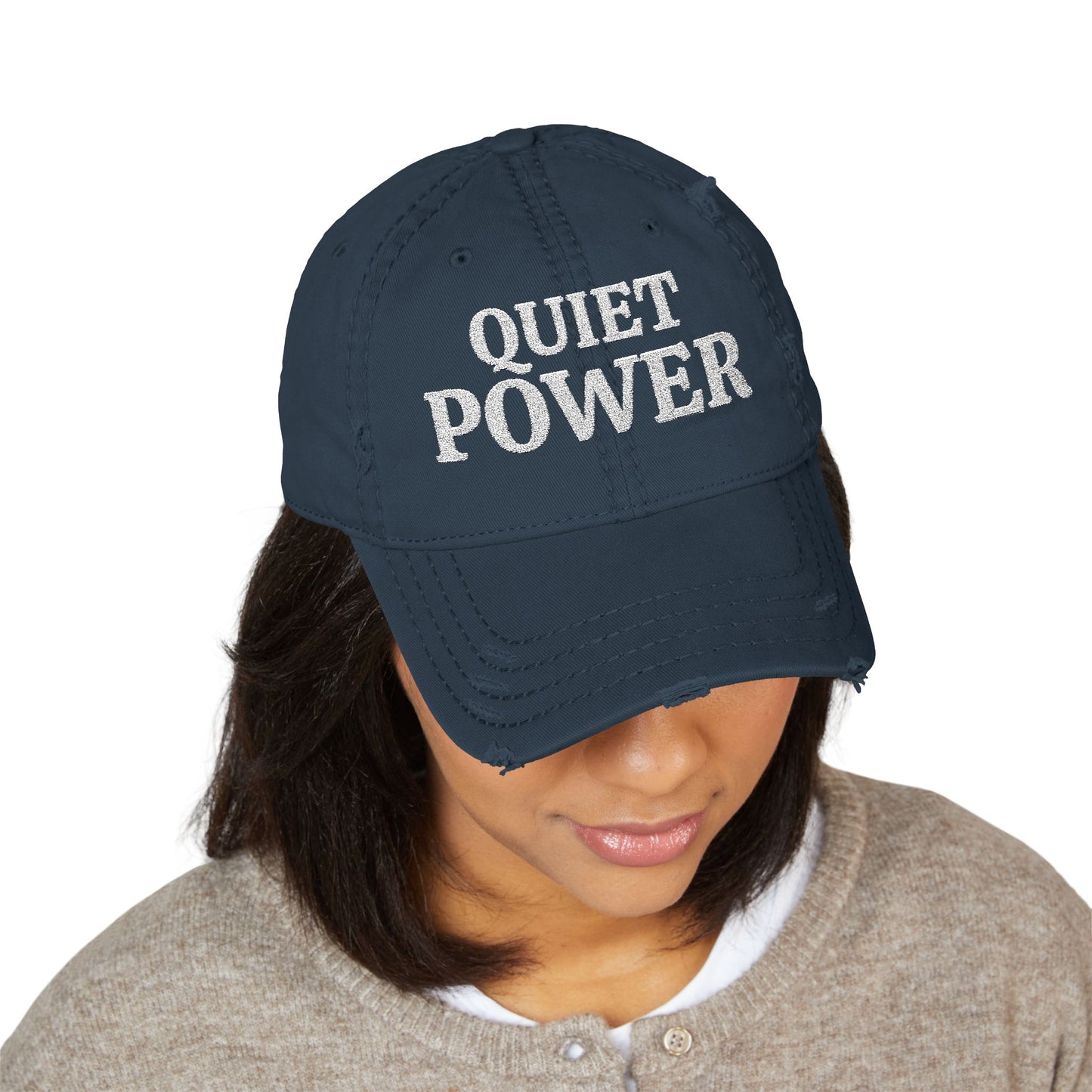 Quiet Power Distressed Dad Hat — Embroidered Baseball Cap