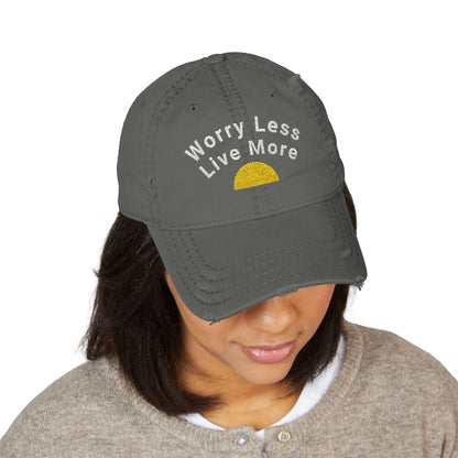 Distressed Dad Hat with Worry Less Live More Embroidery, Casual Sun Hat, Gift for Dads, Relaxed Fit Cap, Everyday Accessory