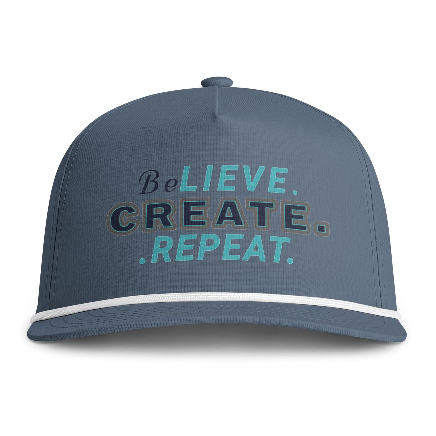 BeLIEVE. CREATE. REPEAT. Rope Cap — Sunwashed Trucker Snapback
