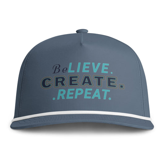 BeLIEVE. CREATE. REPEAT. Rope Cap — Sunwashed Trucker Snapback