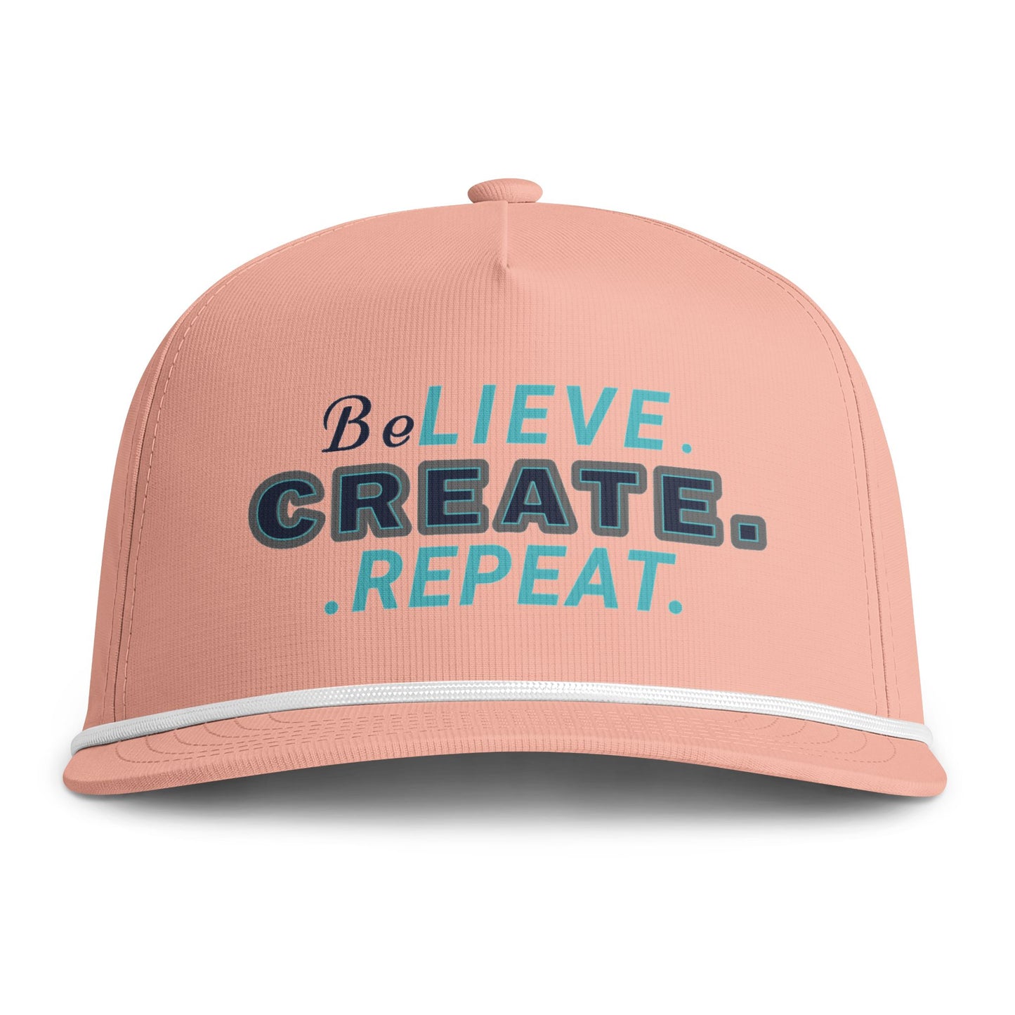 BeLIEVE. CREATE. REPEAT. Rope Cap — Sunwashed Trucker Snapback