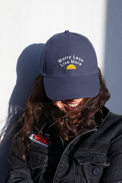 Distressed Dad Hat with Worry Less Live More Embroidery, Casual Sun Hat, Gift for Dads, Relaxed Fit Cap, Everyday Accessory