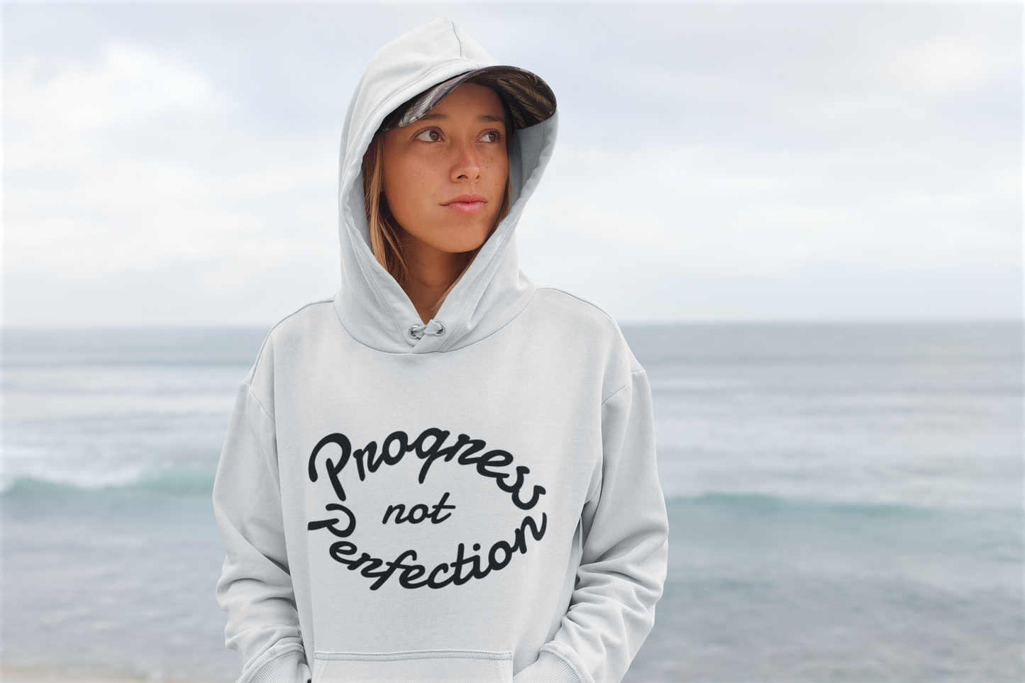 Hooded Sweatshirt with Quote 'Progress, not Perfection'