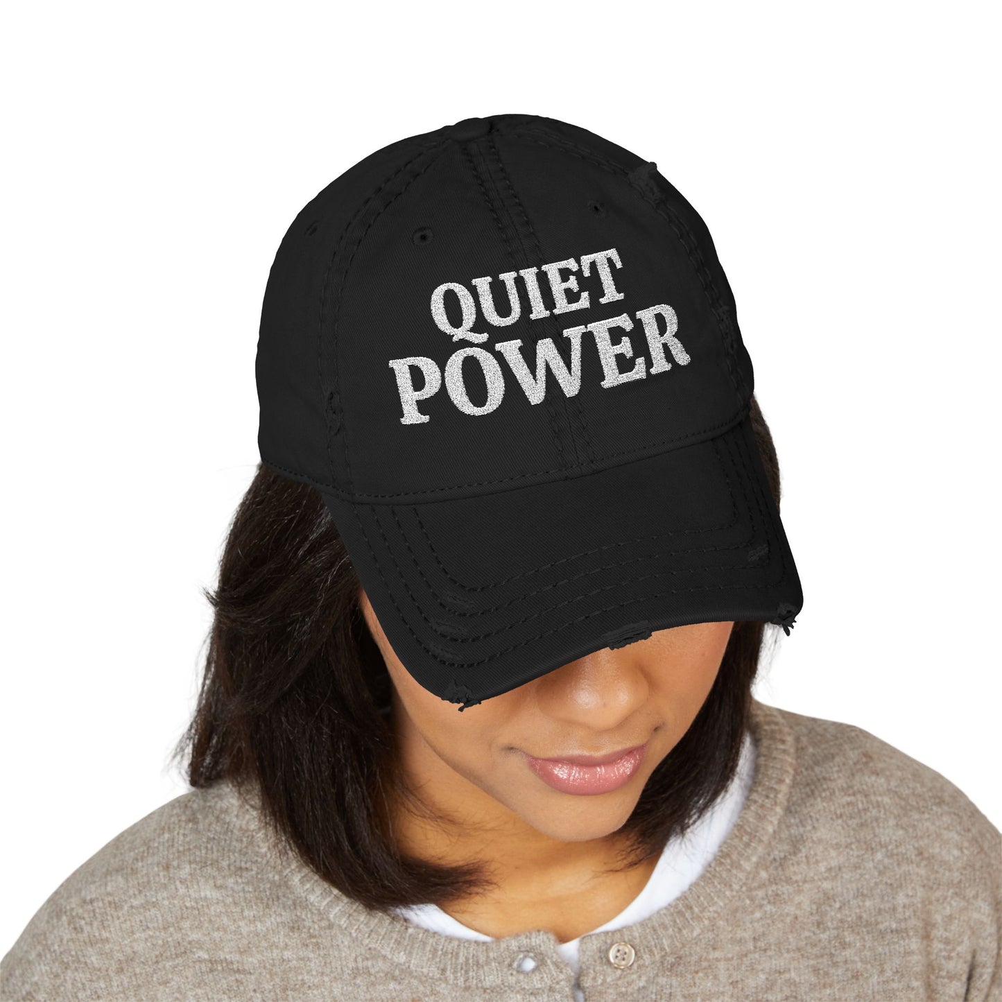 Quiet Power Distressed Dad Hat — Embroidered Baseball Cap
