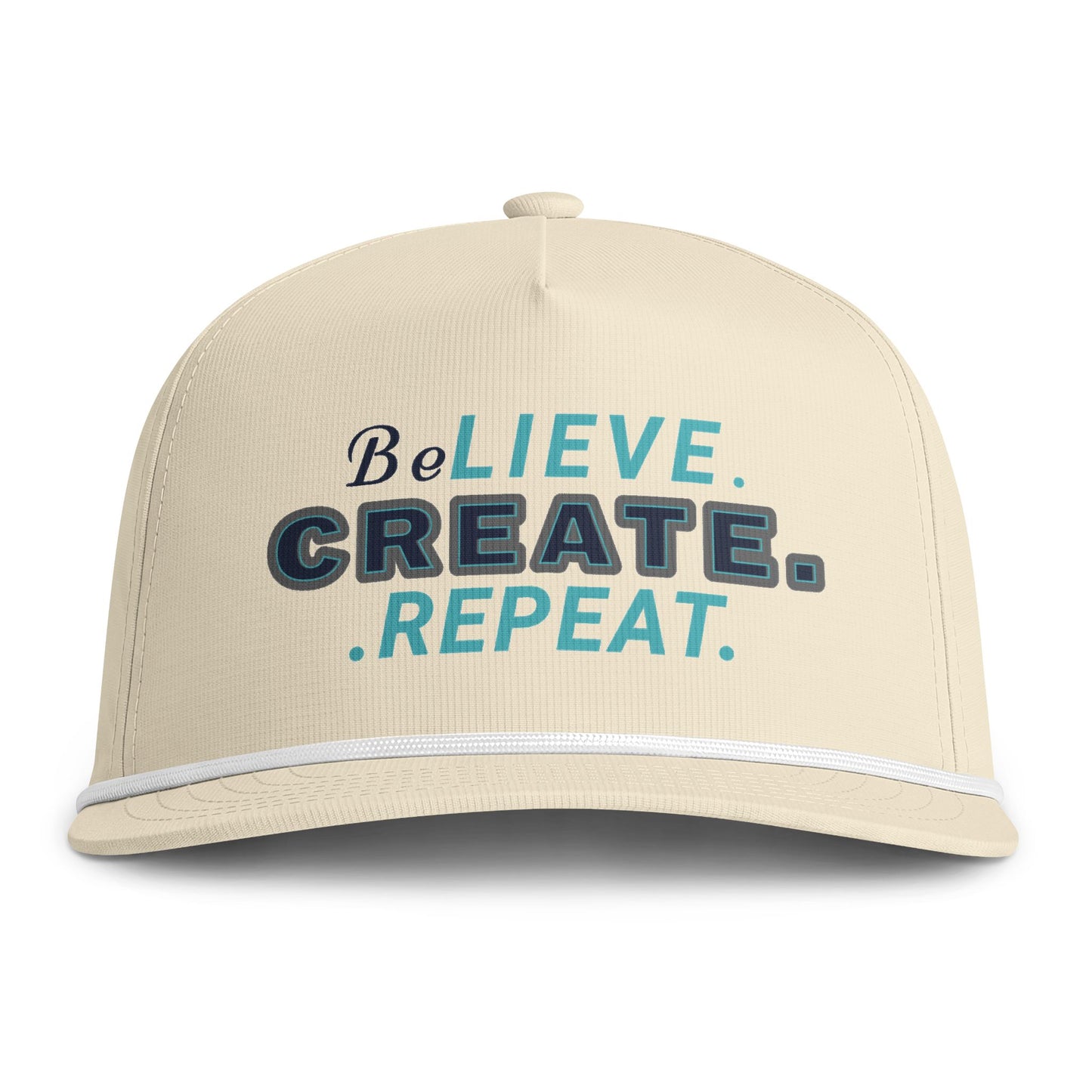 BeLIEVE. CREATE. REPEAT. Rope Cap — Sunwashed Trucker Snapback
