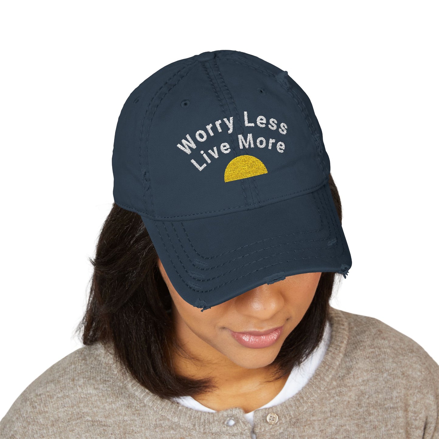 Distressed Dad Hat with Worry Less Live More Embroidery, Casual Sun Hat, Gift for Dads, Relaxed Fit Cap, Everyday Accessory