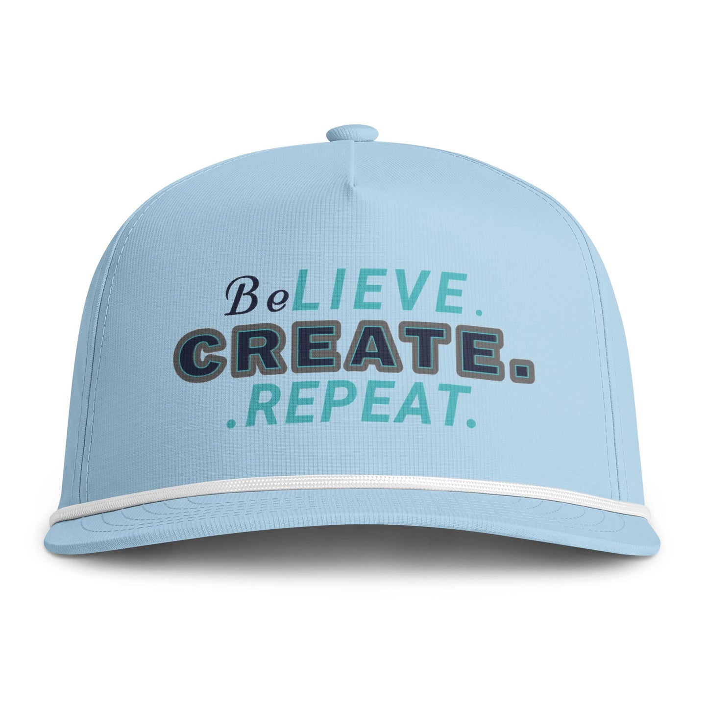BeLIEVE. CREATE. REPEAT. Rope Cap — Sunwashed Trucker Snapback